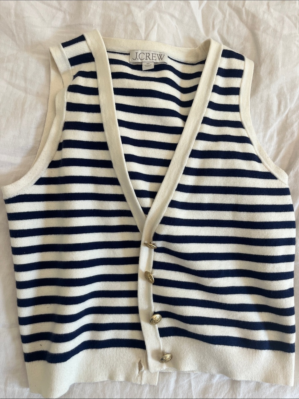 J. Crew Cream and Navy Striped V-Neck Button Sweater Vest